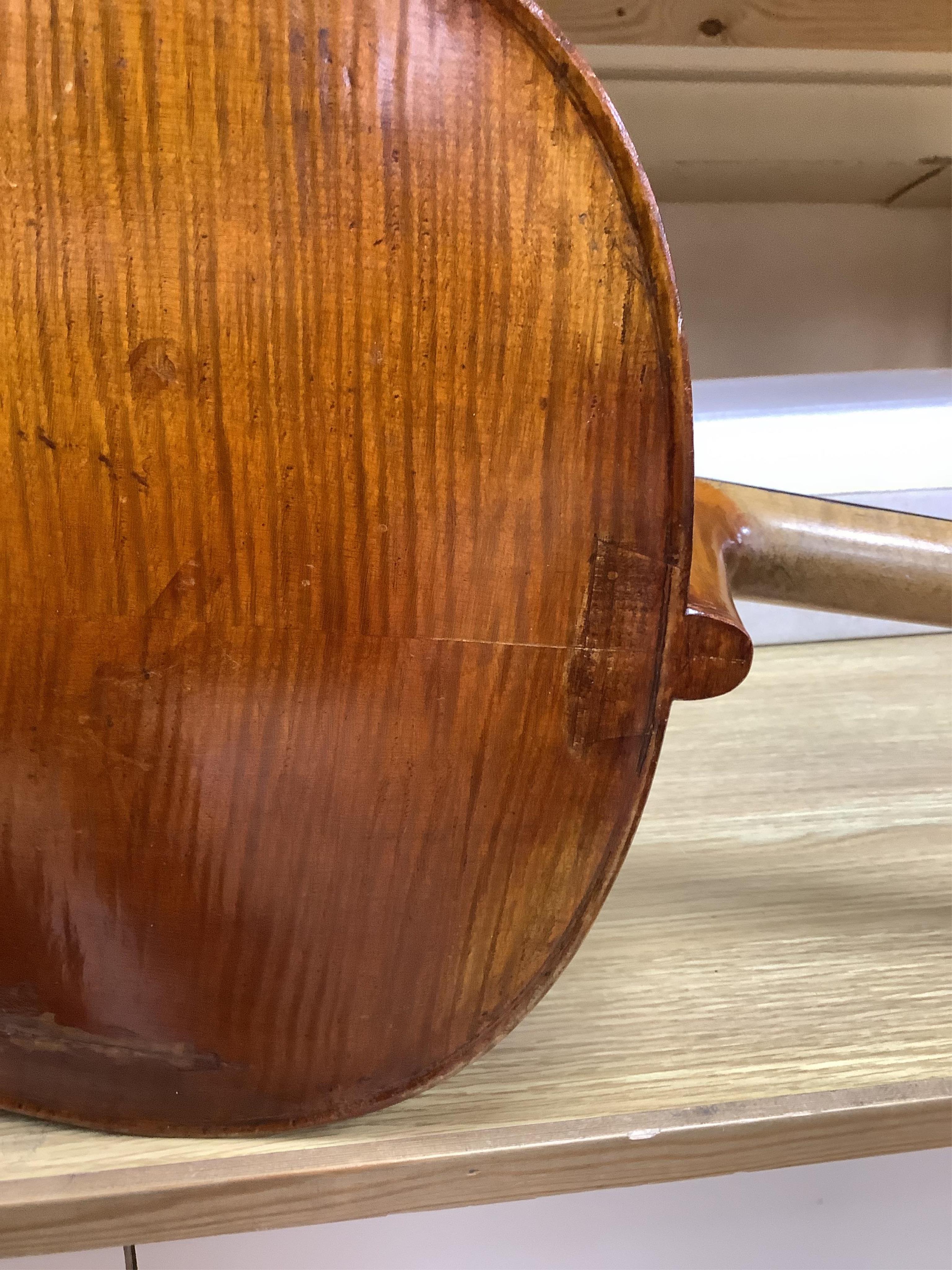 A cased late 19th century German? cello, body length 75cm, together with two bows. Condition - fair to good.